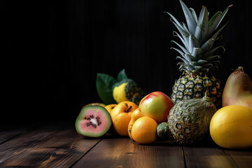 Obraz na płótnie Canvas Close up with variety of fresh tropical fruits on wooden table and dark background