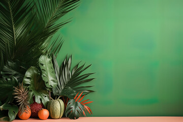 Front view with variety of fresh tropical fruits, palm leaves, green background and empty space
