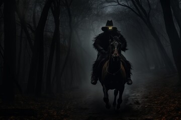 Fototapeta premium Halloween background. black rider on a black horse halloween . generative ai.