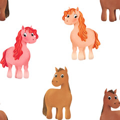 Seamless pattern of cute watercolor pony isolated. Little horse. Funny animal for kid. Design for baby shirt design, nursery decor, card making, party invitations, logos, greeting cards, posters