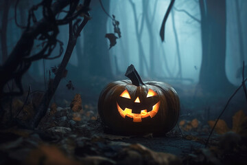 Halloween pumpkins in a spooky forest - Generative AI