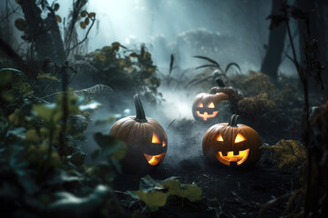Halloween pumpkins in a spooky forest - Generative AI
