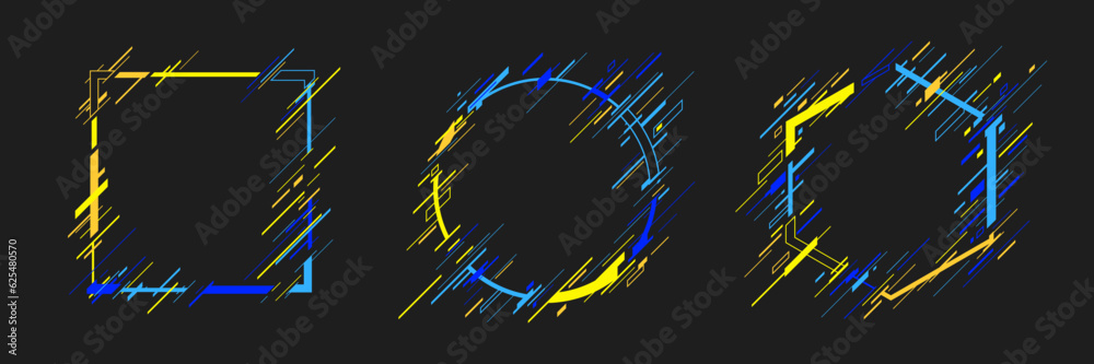 Fototapete isolated set of blue-yellow frames in circle, square, and hexagon form on dark background. thin line