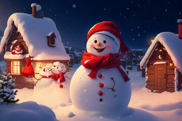 Joyful Snowman in Bright Red Scarf Amidst Snow-Covered Village under Starry Night Sky
