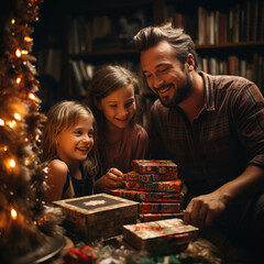 Fototapeta premium Father with kids opening gifts for Christmas in living room.generative ai