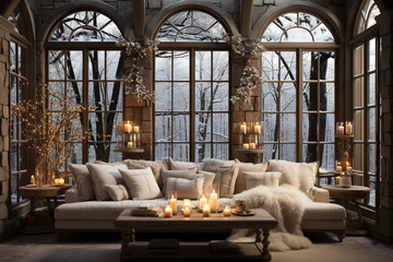 Christmas time, seasonal interior decoration in living room with big windows, cozy and candles in...