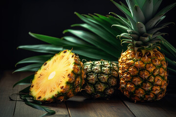 Close up of tropical pineapple fruits, palm leaves on the wooden table and dark background