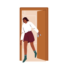 Girl leaving home room, closing door. Young black woman going out, exiting outside. Female character escaping from house, apartment. Flat vector illustration isolated on white background