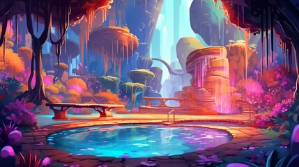 Abstract background magic fountains. Vibrant banner design featuring a captivating illustration of a magical, colorful fountain against an abstract background. Generative AI.