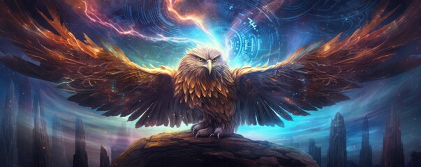 Sci-fi eagle wild animal, fantasy creature with colorful sky dark background, panorama. Generative Ai.