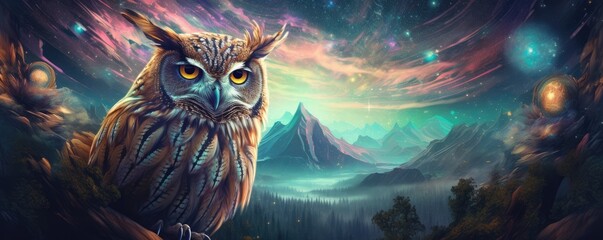 Sci-fi owl wild animal, fantasy creature with colorful sky dark background, panorama. Generative Ai.