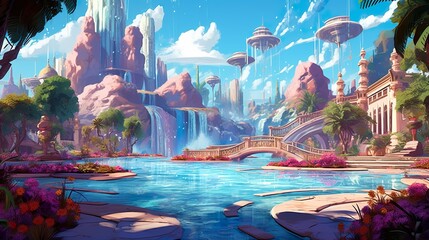 Obraz premium Background magic fountains. The interplay of an abstract background and elements creates a captivating portrayal of a magic fountain bursting with colors. Generative AI.