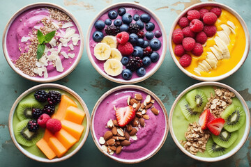 Homemade smoothie bowls with colorful toppings. 