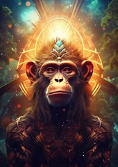 Sci-fi monkey wild  animal, fantasy creature with colorful sky dark background. Generative Ai.