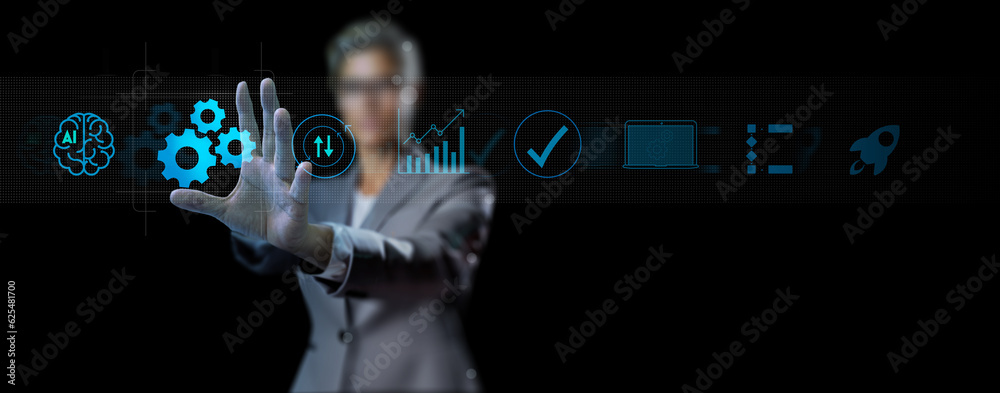 Aufkleber Robotic process automation and business process management.Automation for business process workflow optimization and production efficiency improvement.  AI technology, innovation, data analytics.