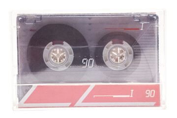 Close up of retro audio cassette tape,isolated on white background, vintage 80's music concept.