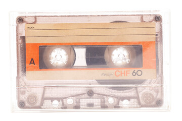 Close up of retro audio cassette tape,side A, isolated on white background, vintage 80's music...
