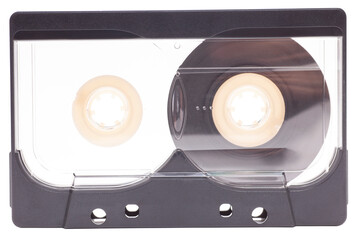 Close up of retro audio cassette tape,isolated on white background, vintage 80's music concept.
