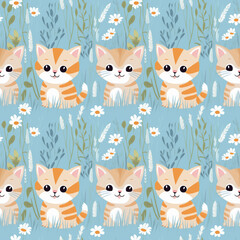 Seamless pattern with painted cute beige kittens, orange cat wallpaper blue background. Design for bed clothes, linen, pijamas, banner, textile, poster, card, invitation and scrapbook. Generative AI