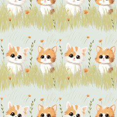 Seamless pattern with painted cute orange beige kittens in grass, cat wallpaper background. Design for clothes, bed clothes, linen, pijamas, banner, textile, poster, card and scrapbook. Generative AI