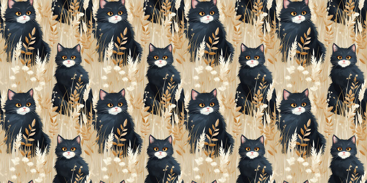Seamless pattern with painted black cats, cat wallpaper on beige background. Design for clothes, bed clothes, linen, pijamas, banner, textile, poster, card, invitation and scrapbook. Generative AI