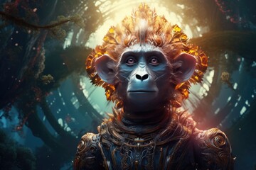 Sci-fi monkey wild  animal, fantasy creature with colorful sky dark background. Generative Ai.