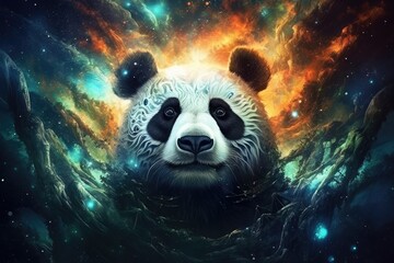 Sci-fi panda wild animal, fantasy creature with colorful sky dark background. Generative Ai.