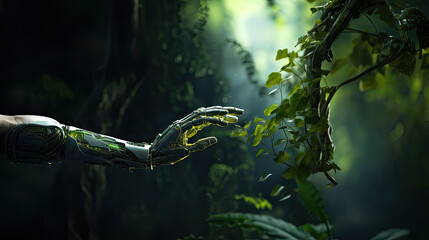 Naklejka premium The green robot's hand reaches out to save the green leaves The unity of technology and nature, Generative AI