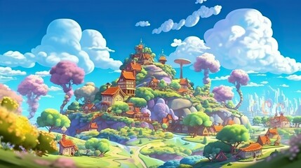Background garden and park in the air. A whimsical illustration of a fantasy park in the air, brought to life with vibrant colors and an abstract background. Generative AI.
