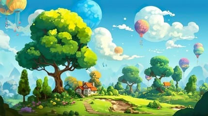 Background garden and park in the air. Captivating banner design featuring a whimsical illustration of a floating fantasy garden, brimming with vibrant flora. Generative AI.