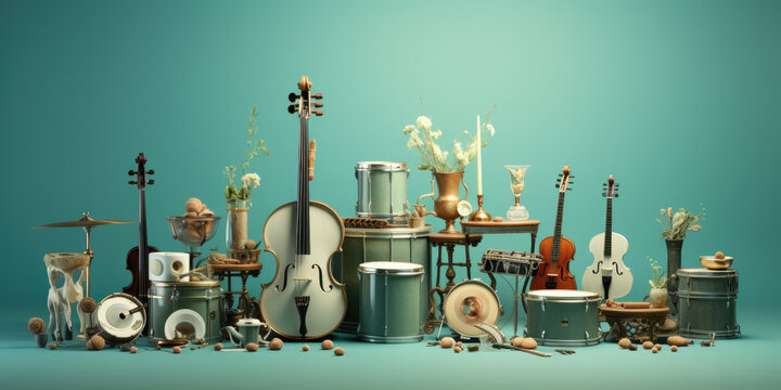 Musical instruments on an aquamarine background, a small orchestra.