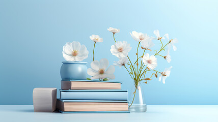 Books and Flowers on a Light Blue Background