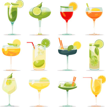 Set of summer cocktails cartoon vector illustration isolated on white background. Vector set icon fresh drink.