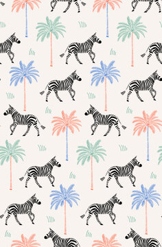 Zebra seamless color pattern. Trendy wallpaper with zebra and palm trees.