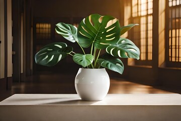 Monstera plant in vase in living room. Generative AI