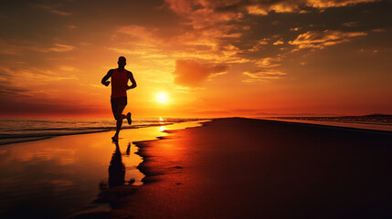 Fototapeta na wymiar a runner sprinting on a beach at sunset: The dynamic silhouette of a runner against the glowing horizon, capturing the energy and determination of an evening workout by the sea