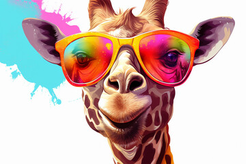 Colorful smiling giraffe in sunglasses, on white background. Summertime concept