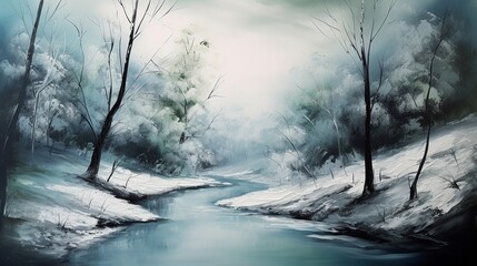 Digital painting of a winter landscape.  Generative AI.