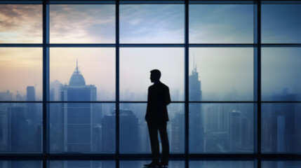 Fototapeta na wymiar City View Through Window and a Businessmen Gazing at Urban Skyline 