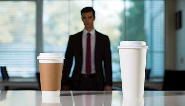 two paper coffee cups on a table in bright white office generative ai
