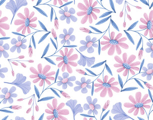 Floral delicate pattern with daisies. Funny pattern in the style of painting.