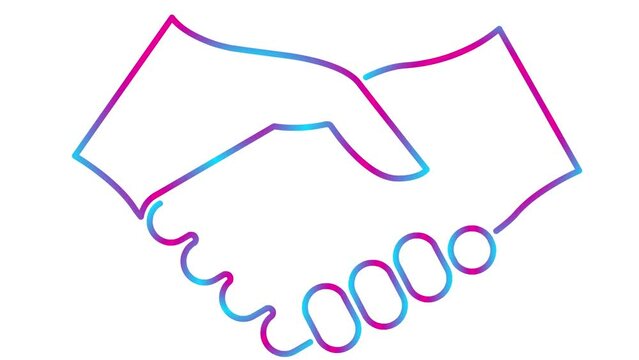 Animated pink blue linear handshake icon appears. Symbol is drawn. Concept of deal, agreement,  treaty, partnership. Vector line illustration isolated on the white background.