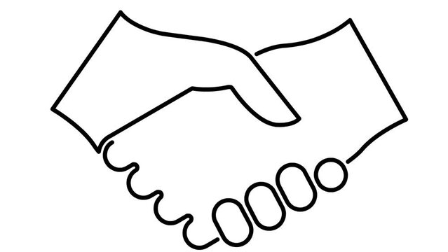Animated black linear handshake icon appears. Symbol is drawn. Concept of deal, agreement,  treaty, partnership. Vector line illustration isolated on the white background.