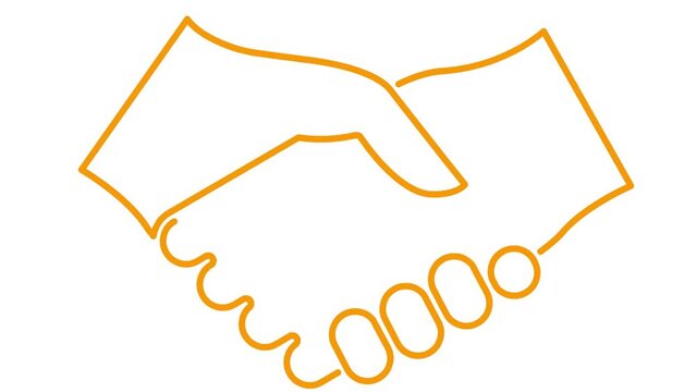 Animated orange linear handshake icon appears. Symbol is drawn. Concept of deal, agreement,  treaty, partnership. Vector line illustration isolated on the white background.