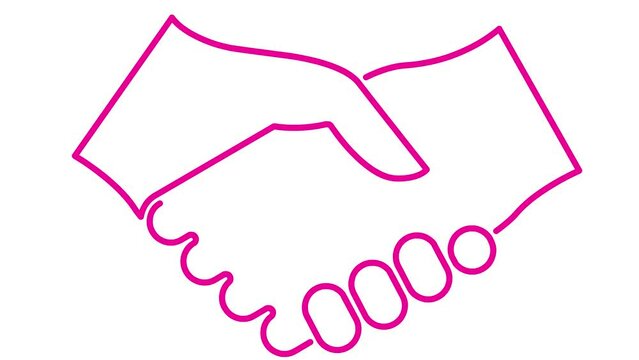 Animated pink linear handshake icon appears. magenta symbol is drawn. Concept of deal, agreement,  treaty, partnership. Vector line illustration isolated on the white background.