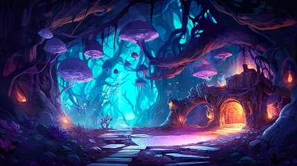 Obraz premium Abstract background underground kingdom. Neon-infused abstract background that immerses viewers in a futuristic and vibrant ambiance. Generative AI.