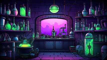 Witch or wizard alchemical laboratory with magic books and potions with mystic glow at night. Futuristic alchemy lab room interior. Halloween concept. AI illustration..