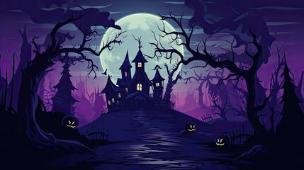 Dark Spooky Halloween background with haunted house, full moon, pumpkins and trees. AI illustration..