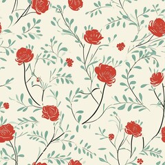Abstract seamless floral pattern with red roses flowers. Floral design backdrop. AI illustration. For background, texture, wrapper pattern, frame or border..