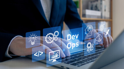 DevOps concept, software development, IT operations. Business man using laptop development with dev...